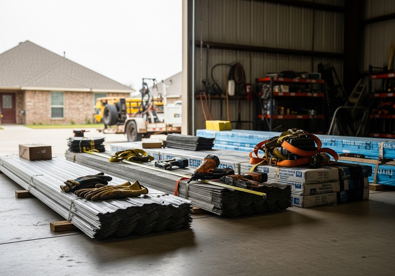 Roofing crew with tools and equipment ready for residential and commercial roof installation and repair work.