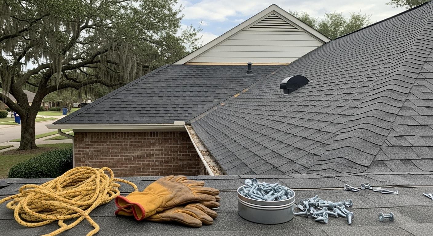 Professional roofer installing residential roof shingles