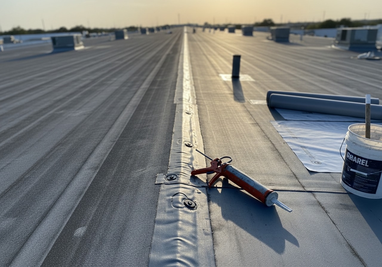 Commercial warehouse flat roof repair with new membrane patching and sealed seams in Sugarland