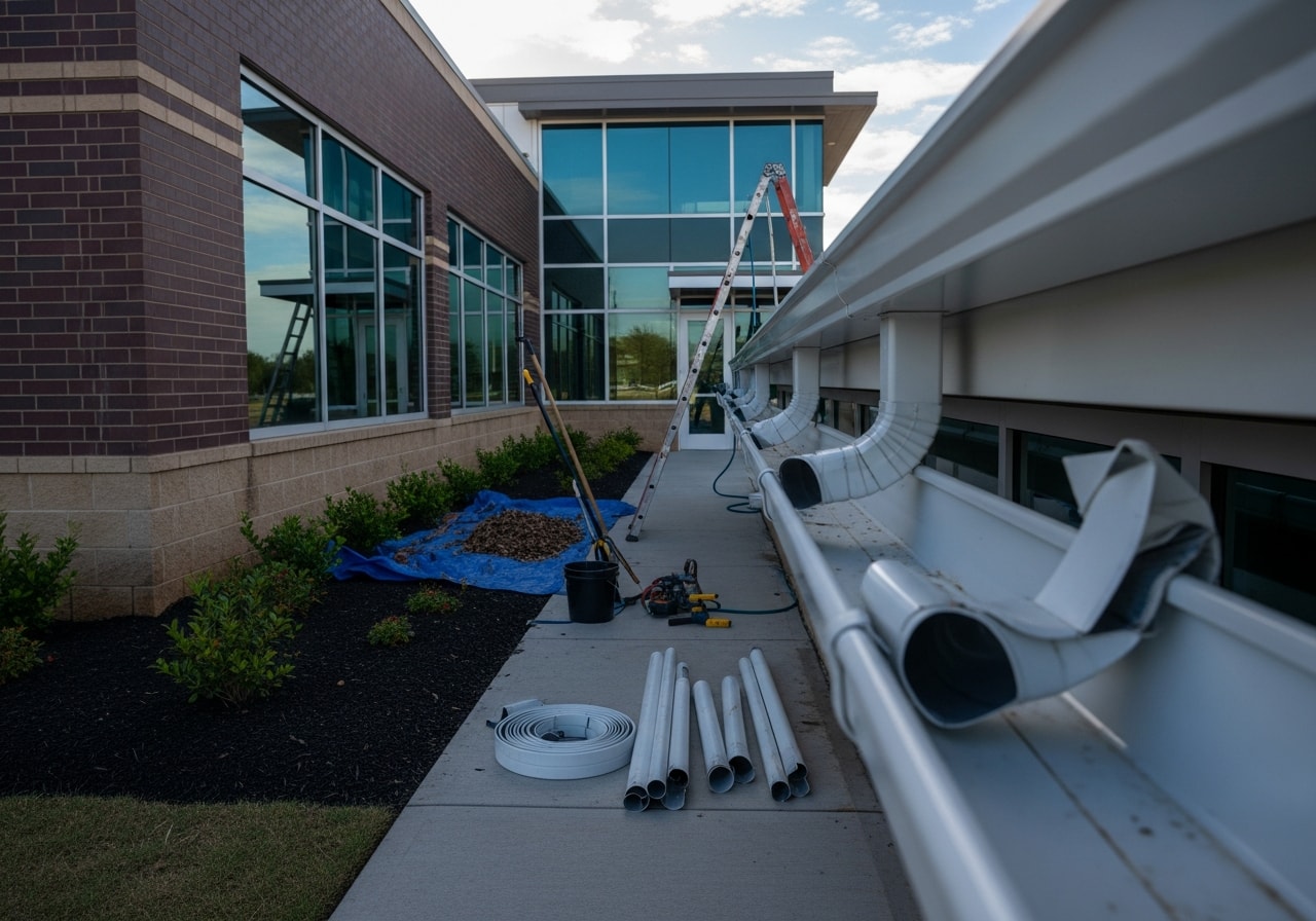 Cleaned and repaired commercial building gutters with new downspout sections in Clearlake
