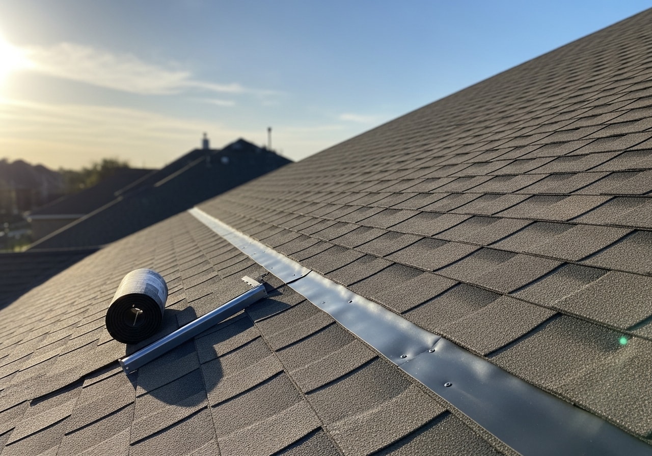 Newly installed gray architectural asphalt shingles on residential home in Pearland with clear sky background