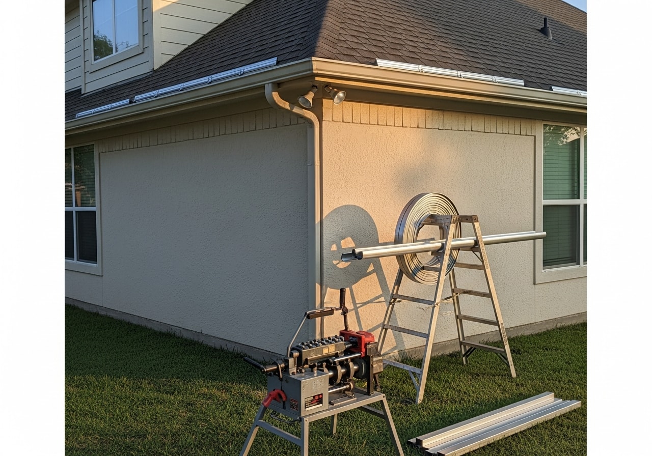 Seamless aluminum gutters and downspouts installed on residential home in Missouri City
