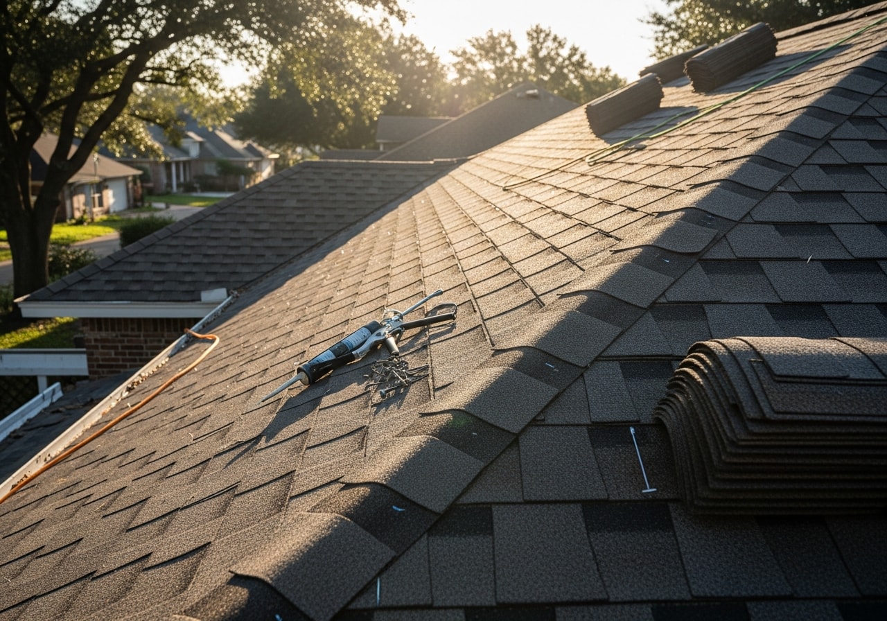 Hail-damaged roof repair with replaced shingles on residential home in Southeast Houston