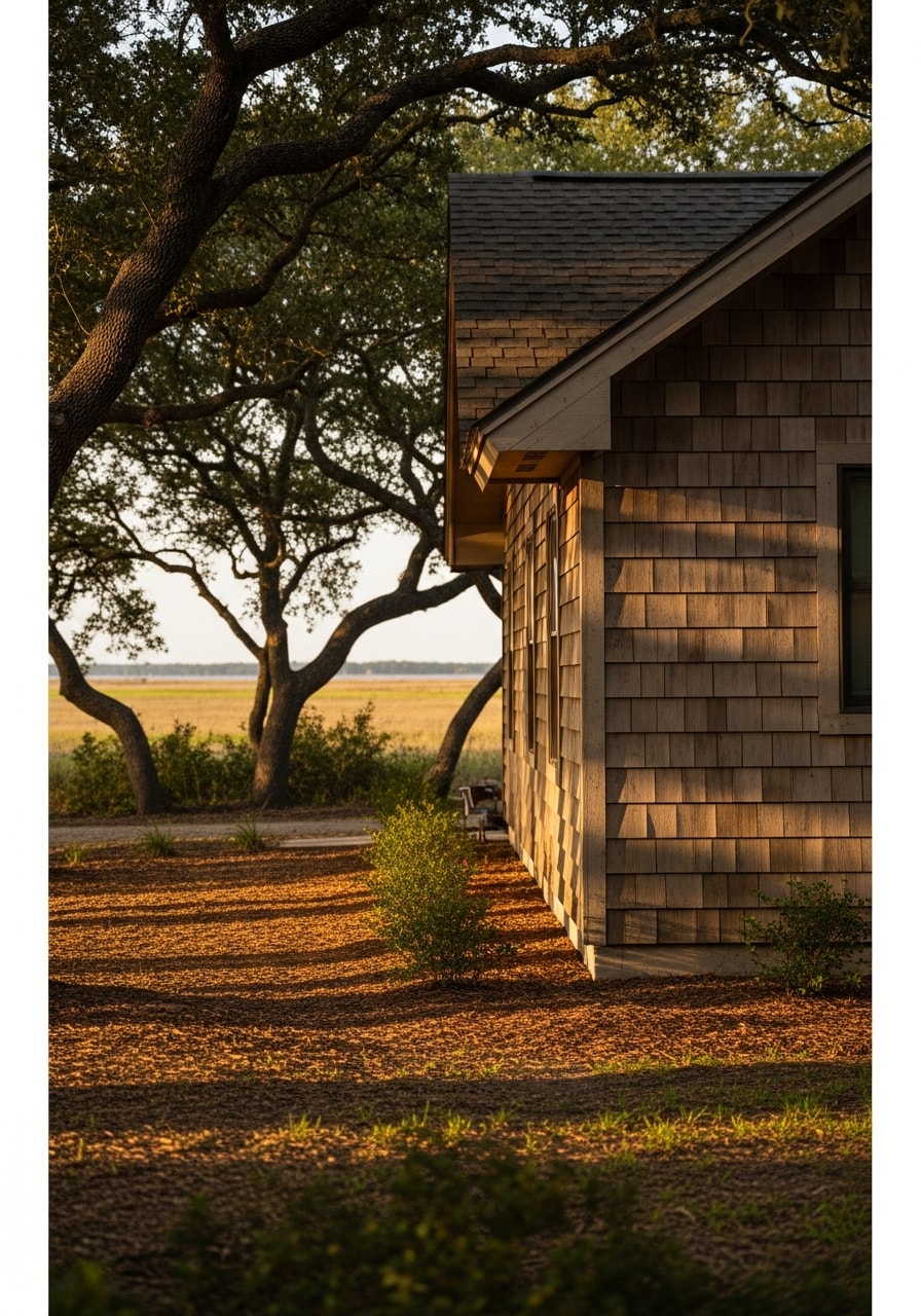 Clearlake resident on their property with bay-area setting and mature trees visible in background.