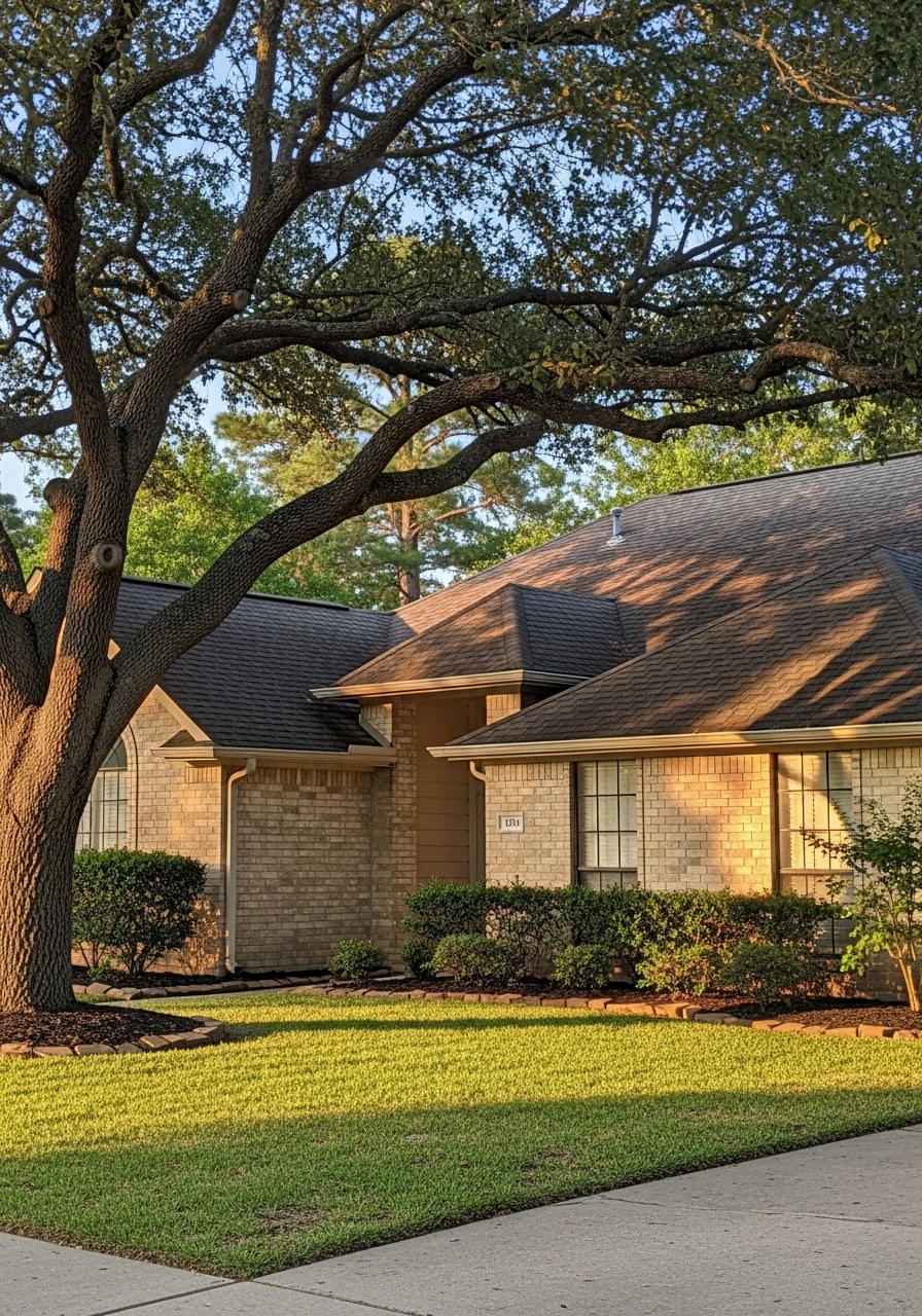 Friendswood homeowner in front of their residence with community setting and mature landscaping visible.