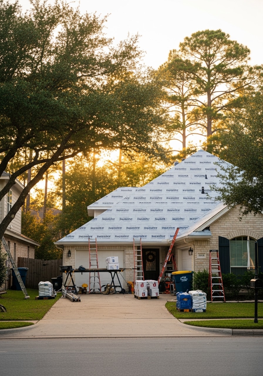 League City resident standing in front of their home with mature trees and well-maintained property visible.
