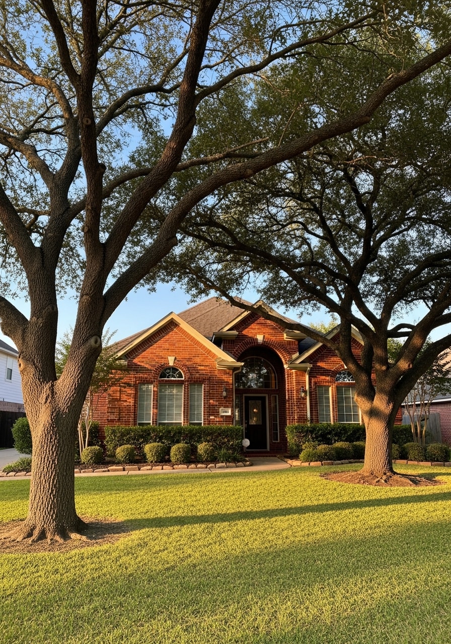 Pearland homeowner standing in front of their residence with mature trees and established lawn.
