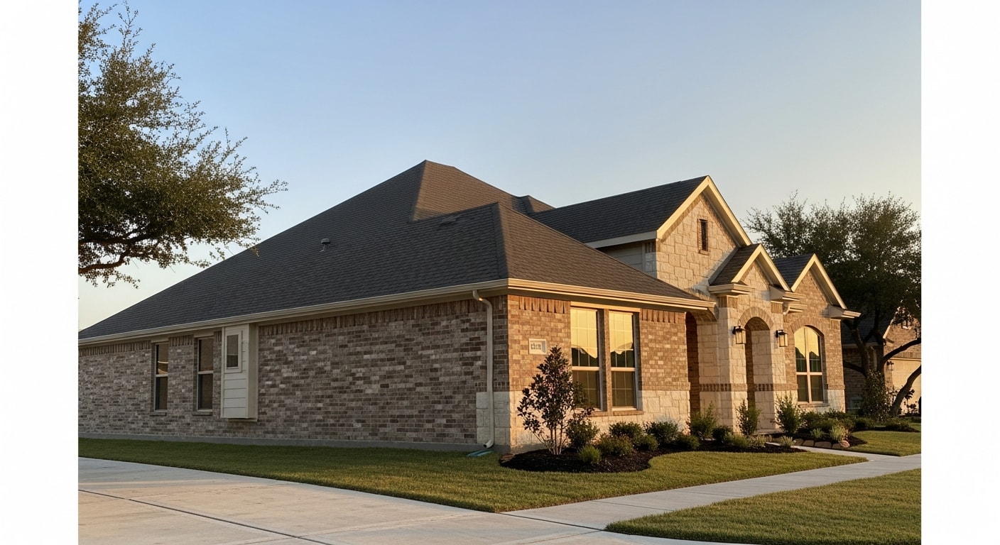 Newly constructed Pearland home with manicured landscaping and brick driveway in a master-planned community.