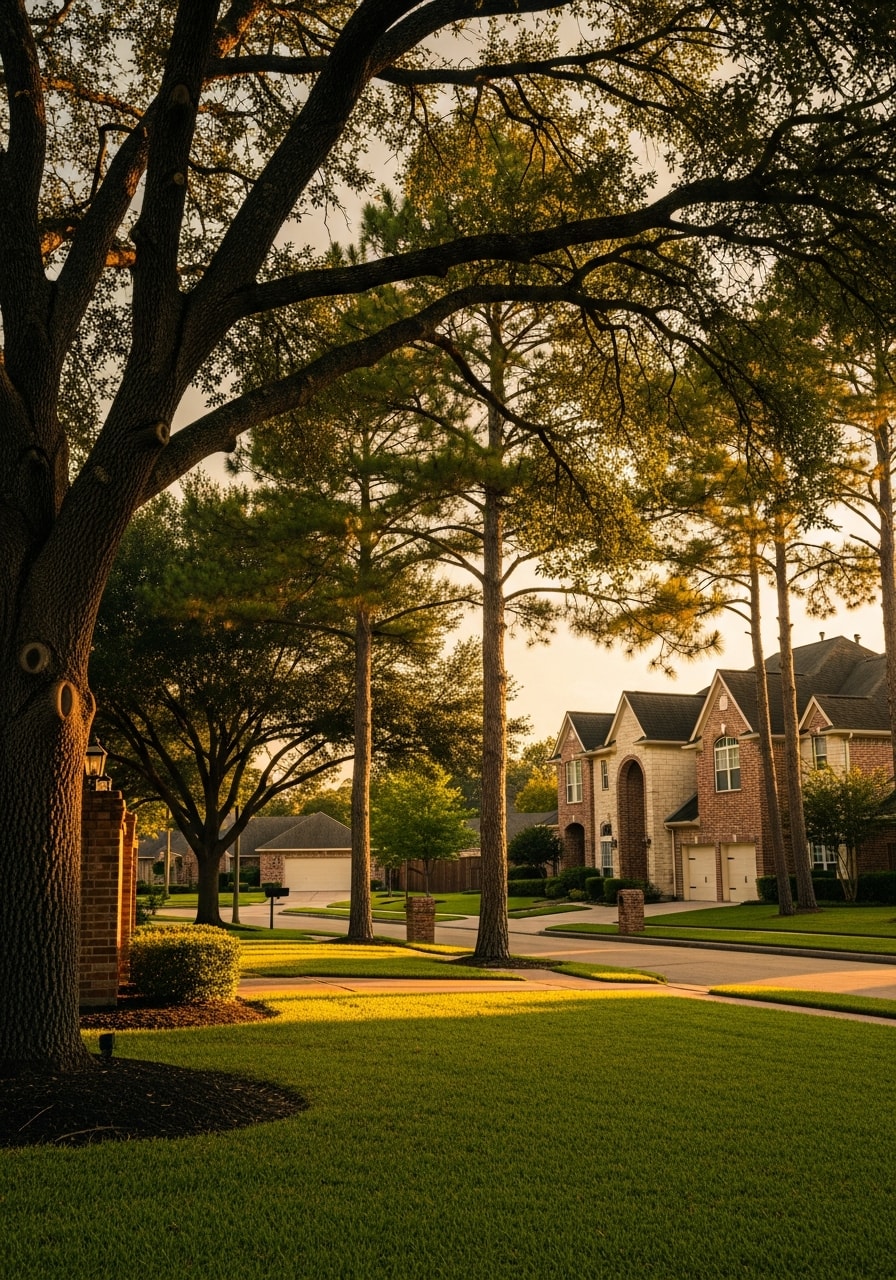 Southwest Houston residential street with varied home styles and mature landscaping typical of established communities.