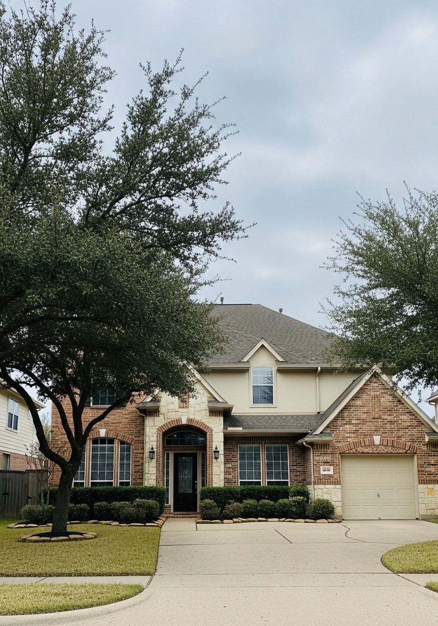 Sugar Land homeowner in front of their residence with manicured community setting and mature trees.