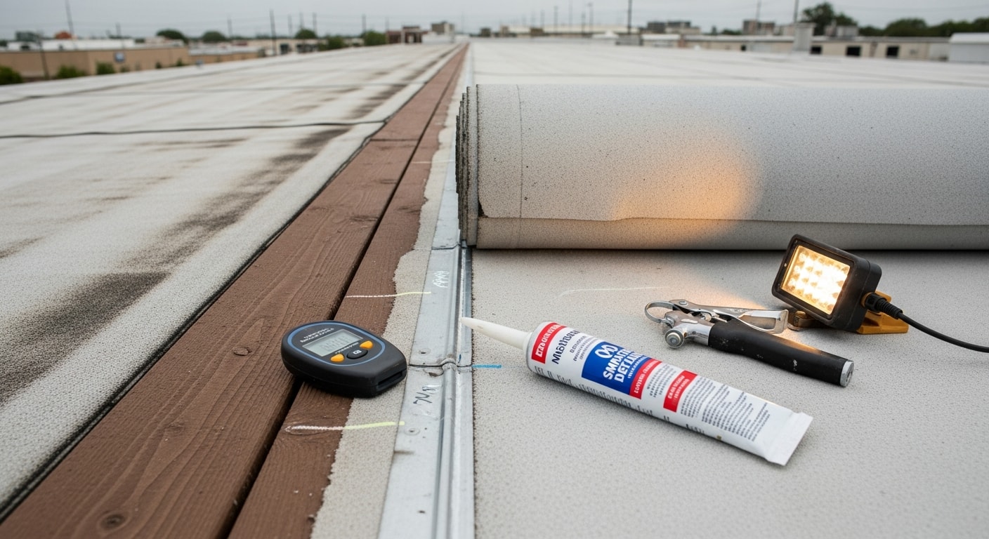 A roofing technician inspecting and repairing a flat commercial roof membrane on a Pearland, Texas business property. Close-up view shows patched seams and flashing repair work on a low-slope roof with a commercial building facade visible in the background.