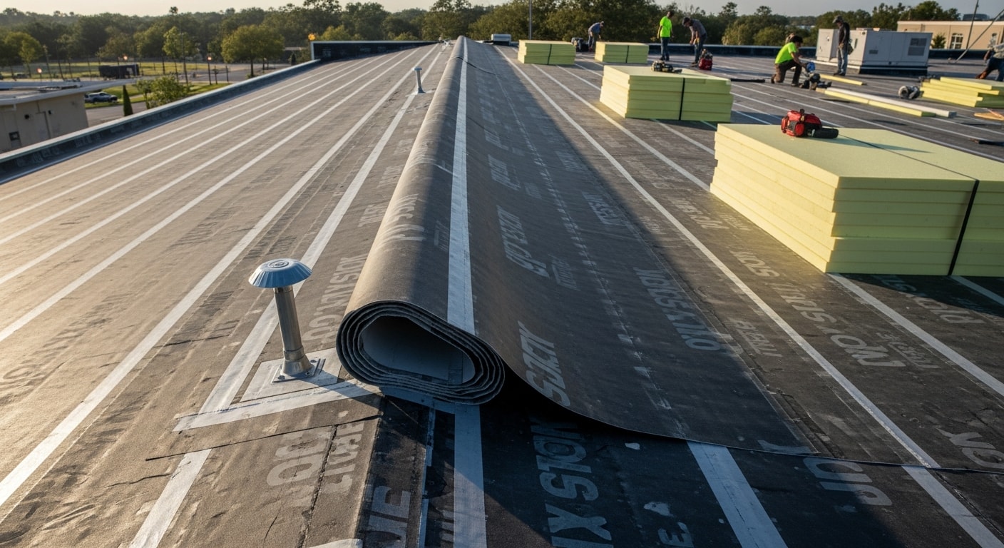 A completed commercial roof replacement on a flat-roofed building in Pearland, Texas, showing a clean new membrane surface with sealed HVAC penetrations and finished edge flashing. The surrounding Pearland commercial district is visible in the background under a clear Texas sky.