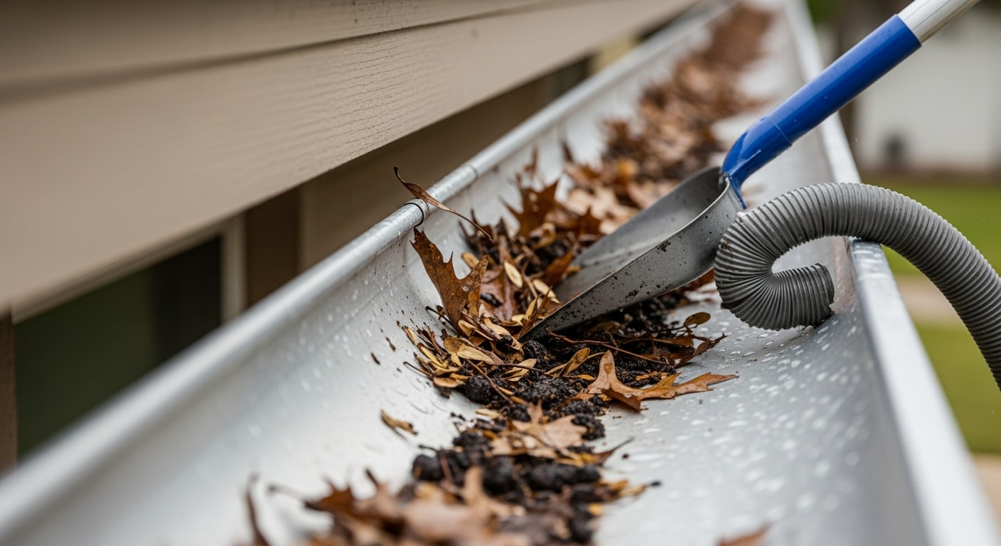 A technician from Allied Roofing removing packed leaf debris and storm sediment from the gutters of a brick single-family home in Pearland, Texas. The downspout runs clear as flushed water flows away from the home's foundation.