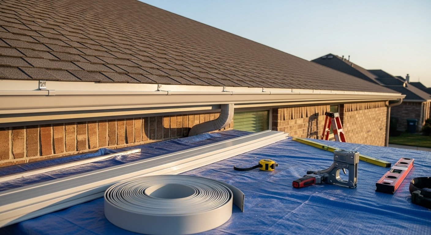 Newly installed gutters running along the roofline of a brick single-family home in Pearland, Texas, with a downspout directing water away from the foundation. The gutters are clean, properly pitched, and fitted to the full length of the eave.
