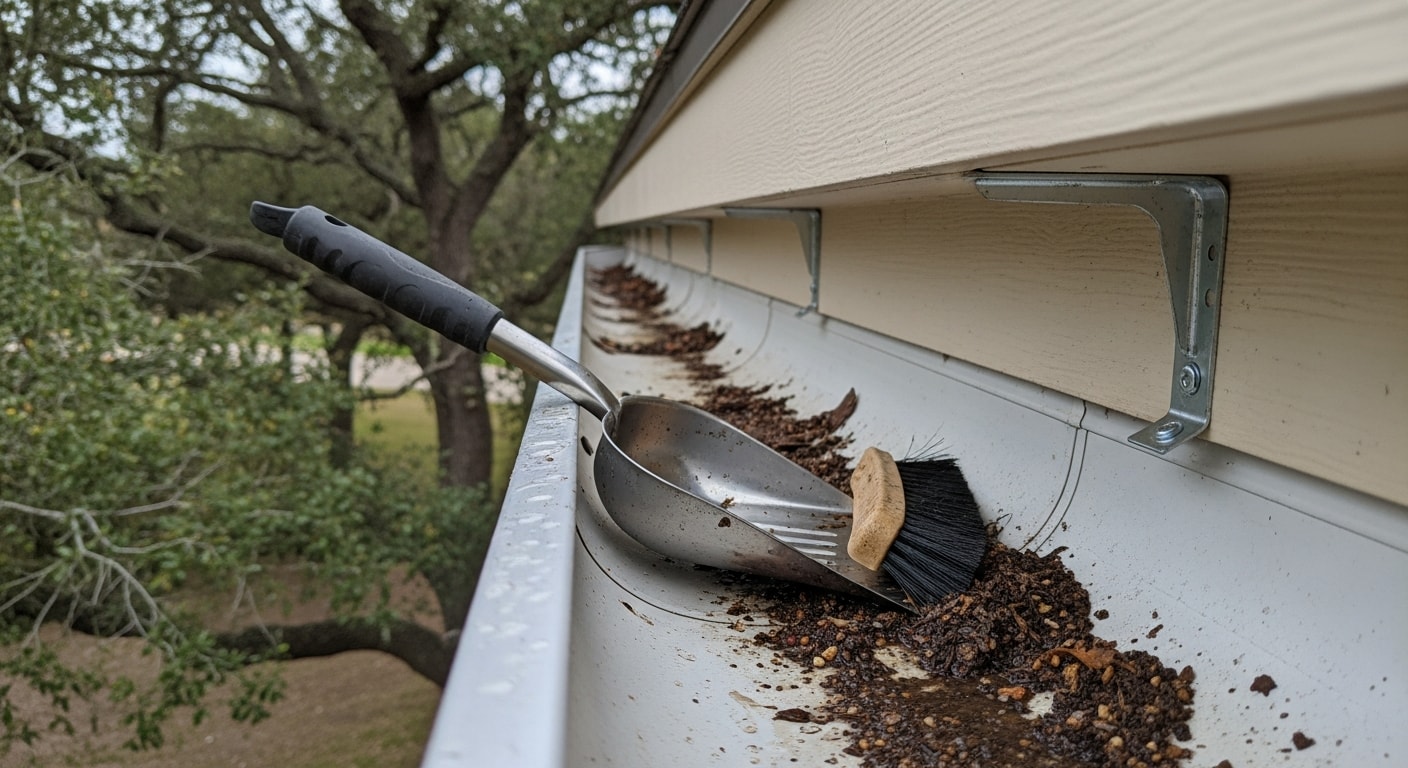 A gutter technician clearing packed leaf and pine needle debris from a residential gutter on a single-family home in Pearland, Texas. The downspout and fascia board are visible, with a mature tree canopy in the background typical of established Pearland neighborhoods.