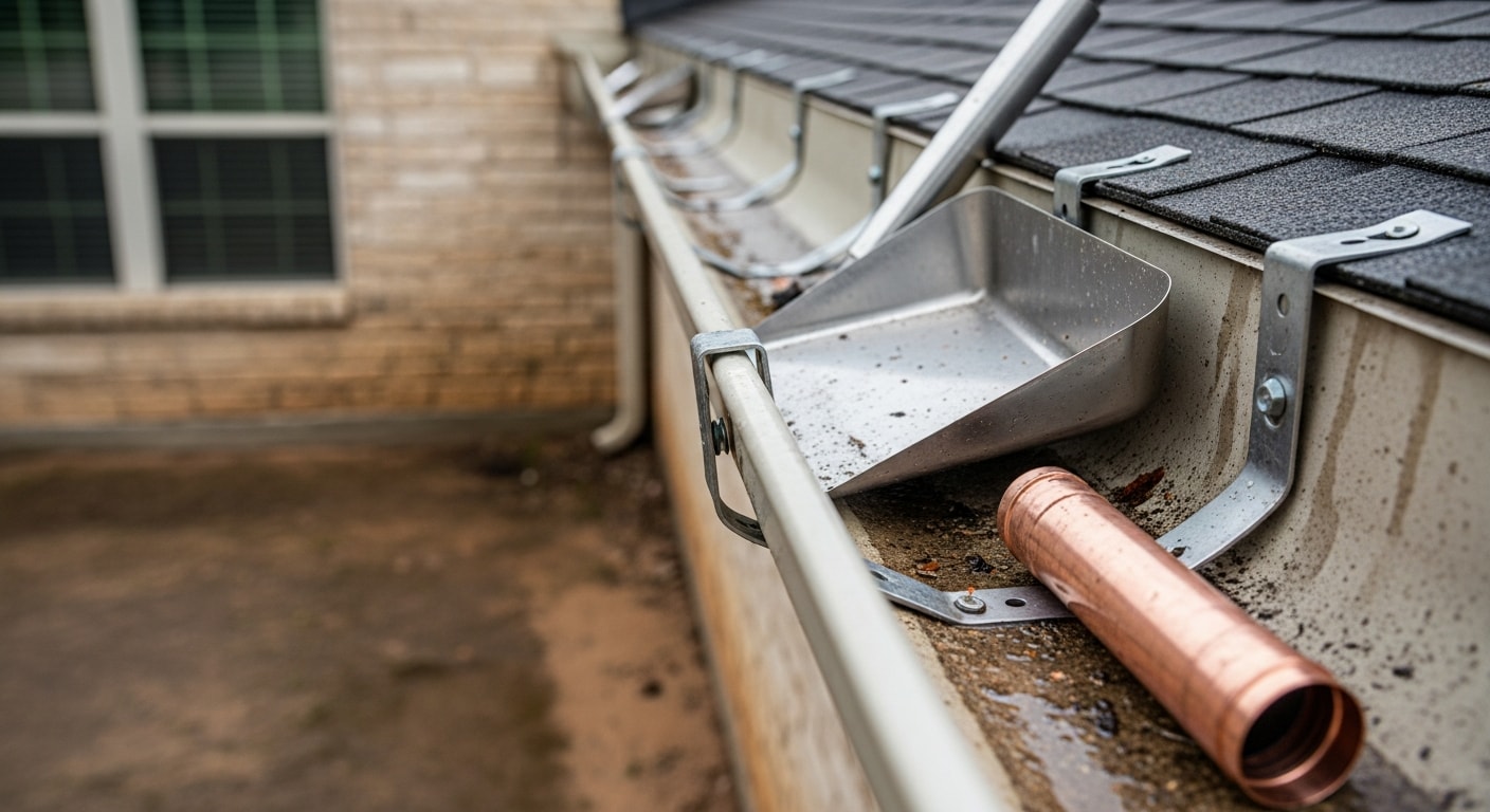 A repaired residential gutter section on a single-story Pearland home, with a properly seated downspout directing water away from the foundation. The fascia board behind the gutter shows no signs of water staining or rot following the repair.