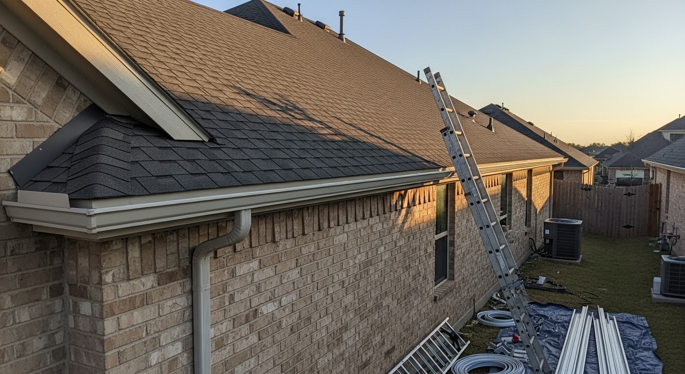 New gutters installed along the roofline of a single-family home in Pearland, Texas, with downspouts directing water away from the foundation. Close-up view shows clean fascia attachment and properly pitched gutter channel after full replacement.