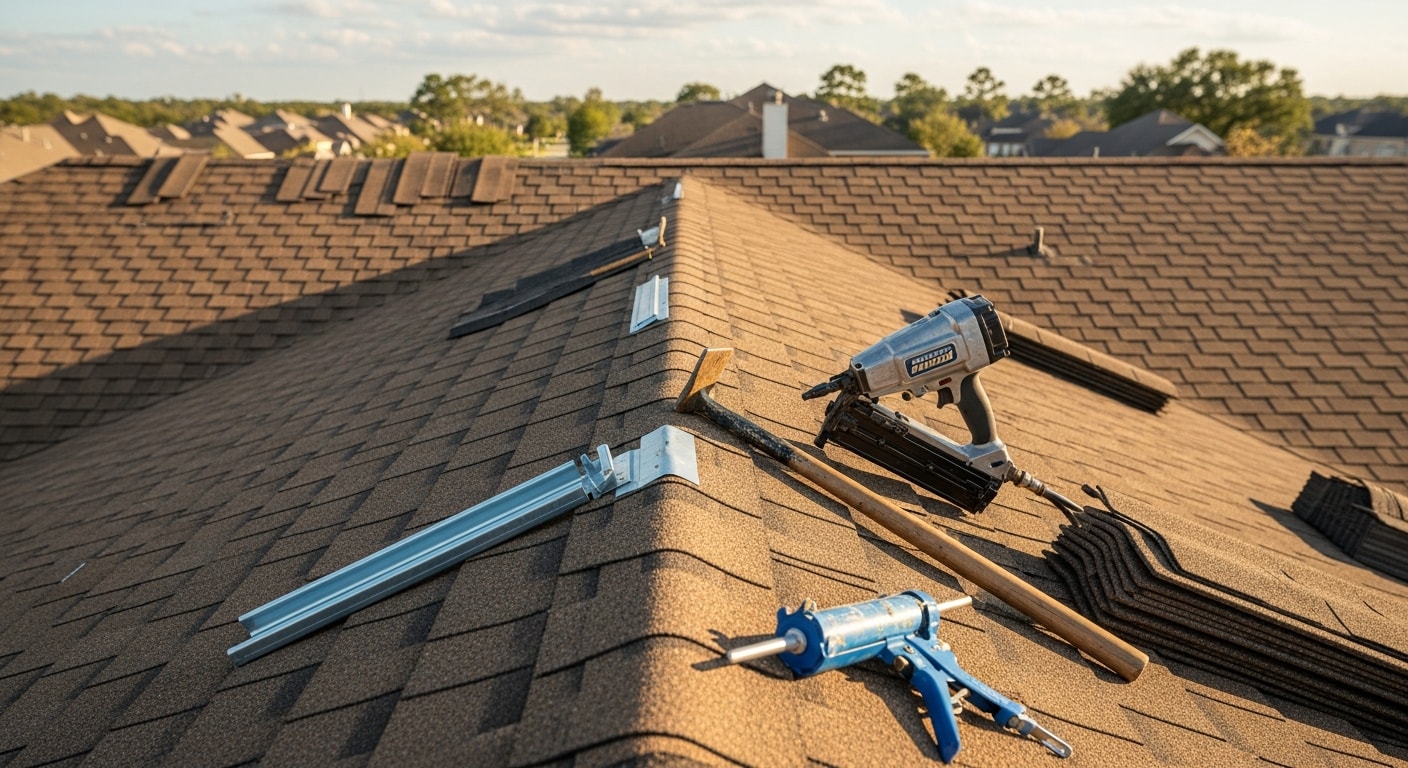 A Pearland residential rooftop showing a completed shingle repair section with replaced and sealed roofing materials along the damaged field area. The surrounding neighborhood rooflines and clear Texas sky are visible in the background.