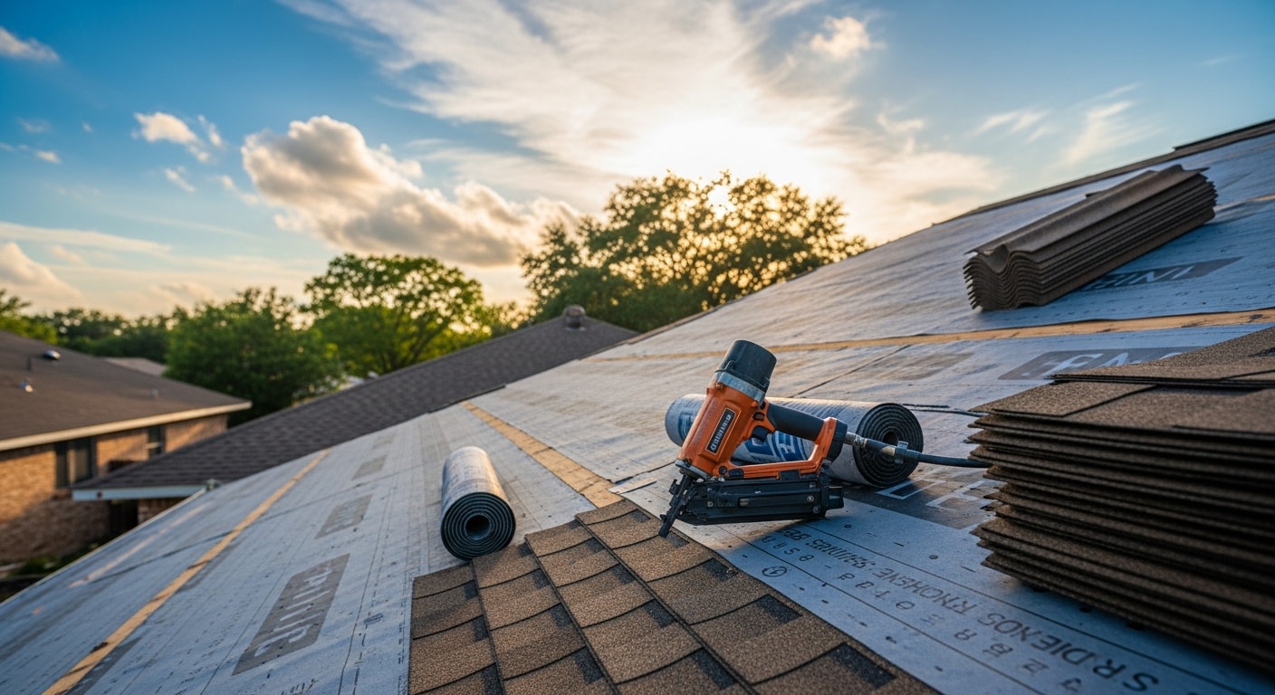 A completed residential roof replacement on a single-family home in Pearland, Texas, showing new shingles installed across a multi-pitch roof. The surrounding yard is clear of debris, with the finished roof visible against a bright Texas sky.