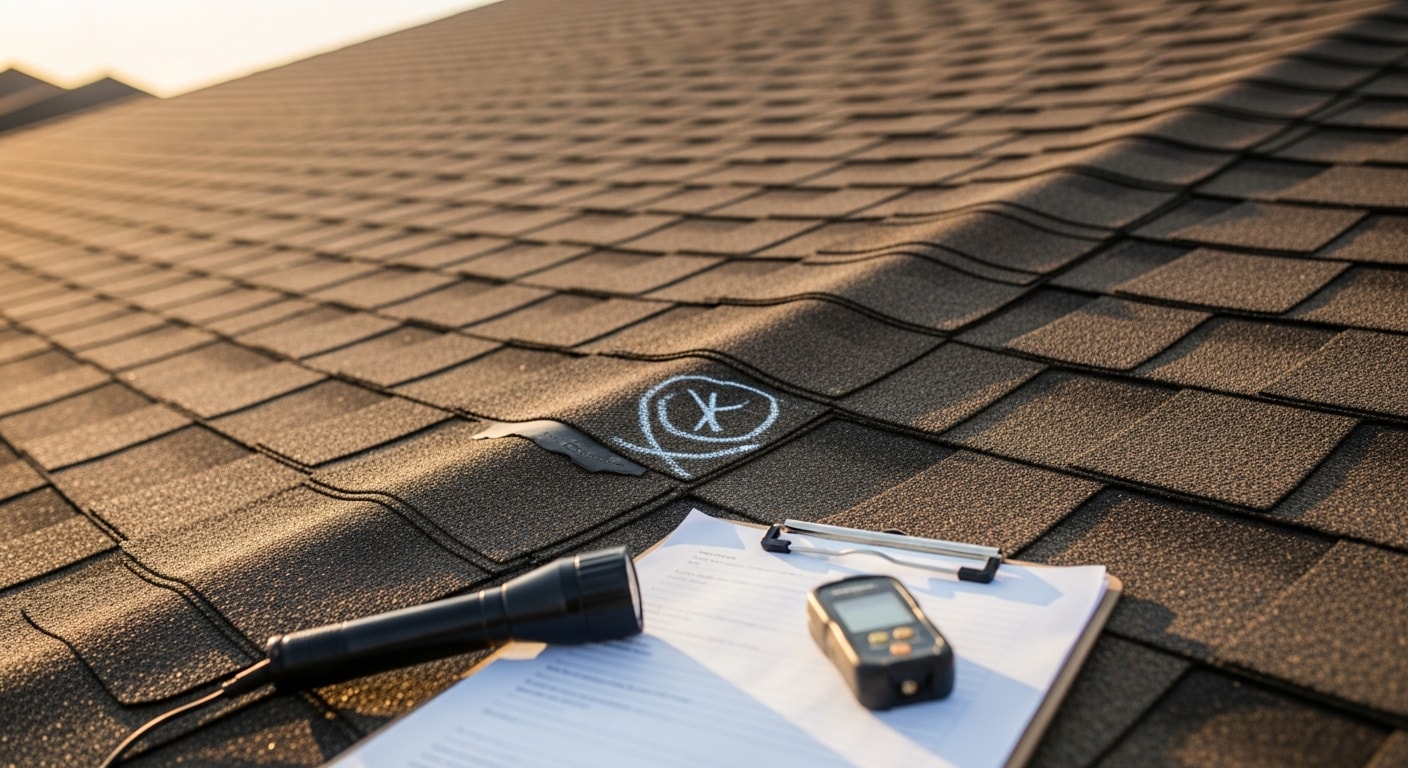 Allied Roofing inspector examining shingles and flashing on a residential roof in Pearland, Texas. Close-up view shows granule wear and flashing condition typical of Gulf Coast storm exposure.