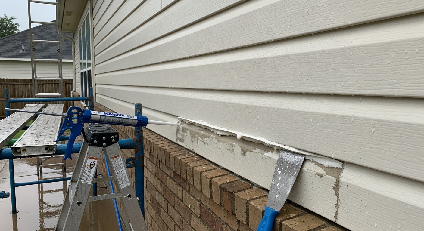 A Pearland home exterior showing freshly maintained siding with sealed panel edges and clean trim after a professional inspection by Allied Roofing. Close-up view highlights tight seams and no visible warping or moisture staining along the lower panels.