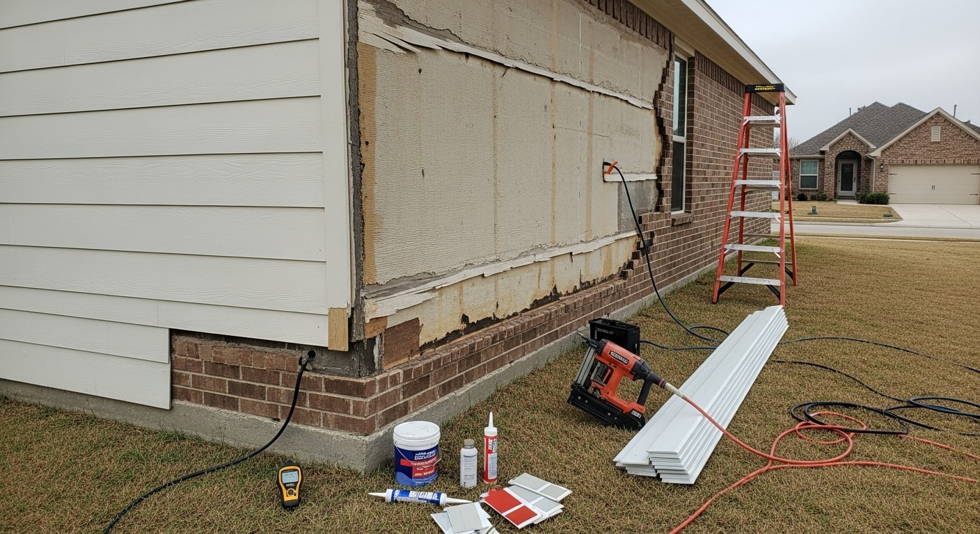 Close-up view of a residential home exterior in Pearland, Texas showing freshly repaired siding panels with clean seams and consistent color matching the surrounding wall. A contractor inspects the finished repair along the lower section of the home's facade.