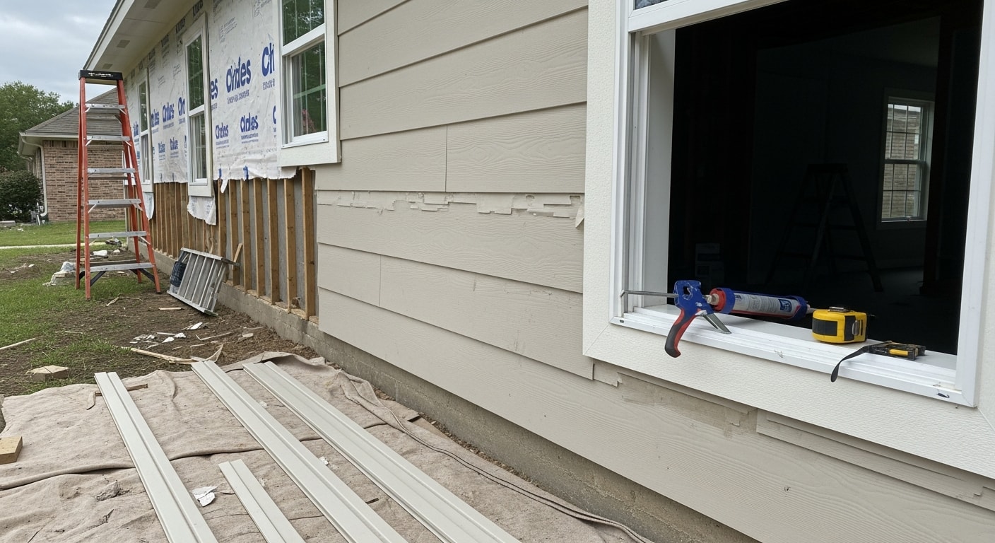 A Pearland, Texas home with newly installed exterior siding, showing clean panel lines and tight seams around windows and trim. The finished exterior reflects a complete siding replacement on a single-family residence in a residential neighborhood.